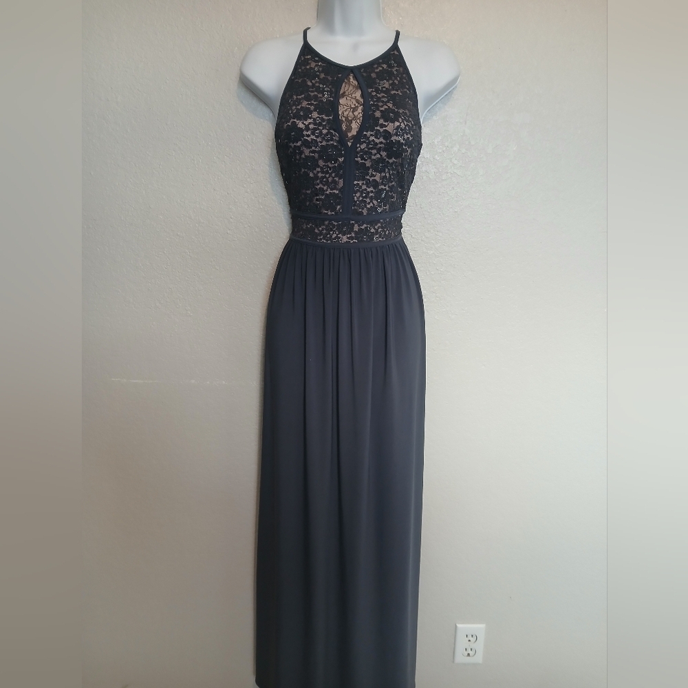 Night Way Collections Charcoal Blue Lace Sprkly Maxi Dress Gown Sleeveless